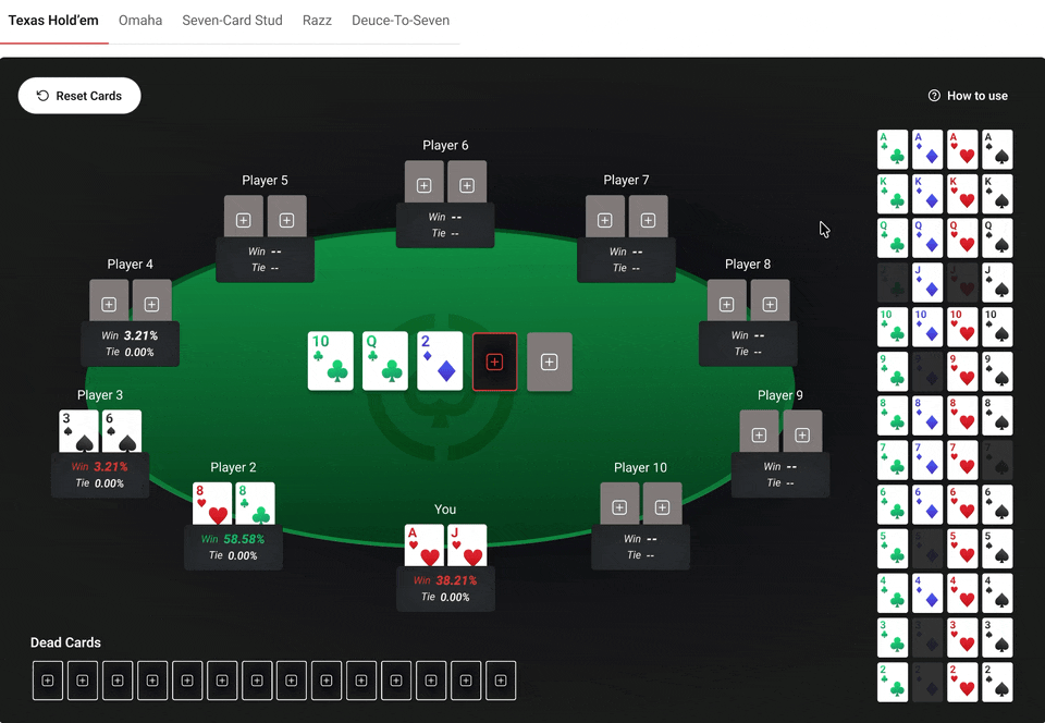The Maximum amount of players is already on the table by default on desktop and they can’t be removed. The user just need to add or remove the cards to add or remove player from the Odds
