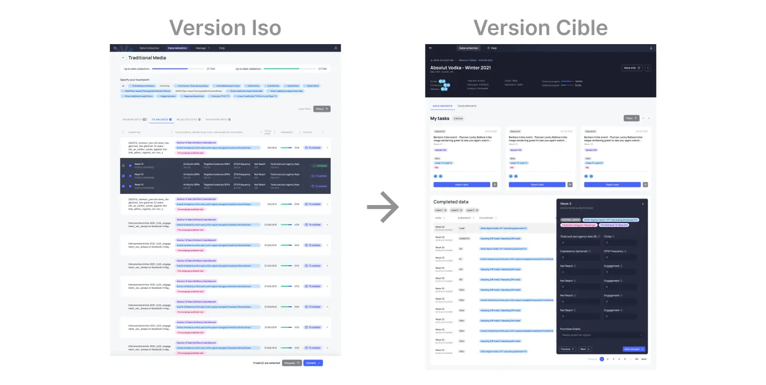 2 screens representing 2 different ways of editing data within the Extract tool. On the left the Iso version uses the patterns as they were originally thought and on the right the target version presents the recommendations of the DS team.